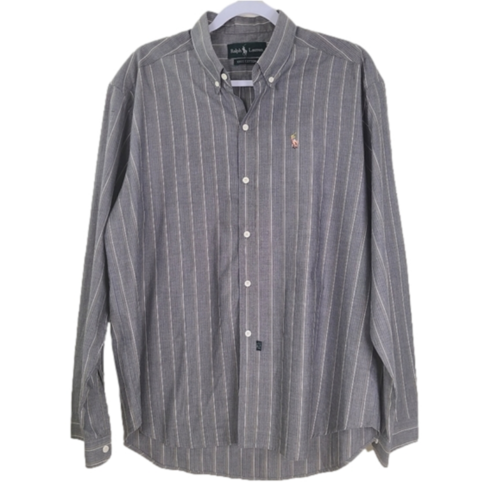 Ralph Lauren men's gray striped button-down long sleeve dress Shirt, PTP 23.5"